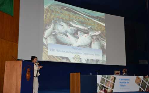 Doris Soto, de la FAO, presentando los desafios ambientales en la cría de tilapia
